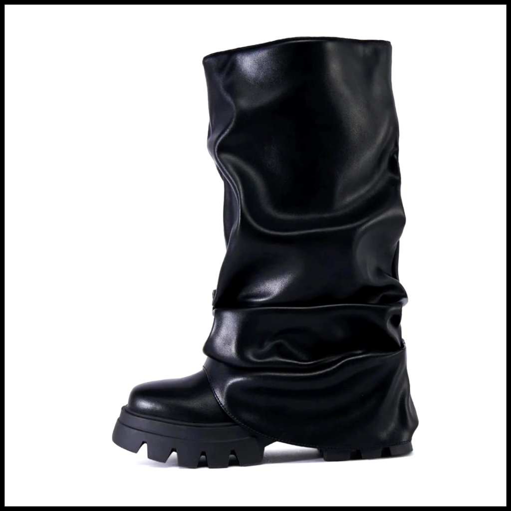 Chunky Heel Slouchy Boots Platform Fold Over Ruched Round Toe Mid Calf